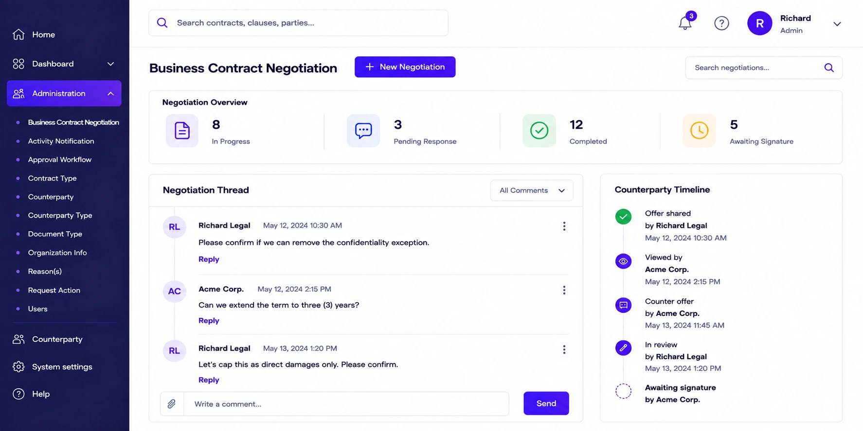 CLMS 360 business contract negotiation product screenshot