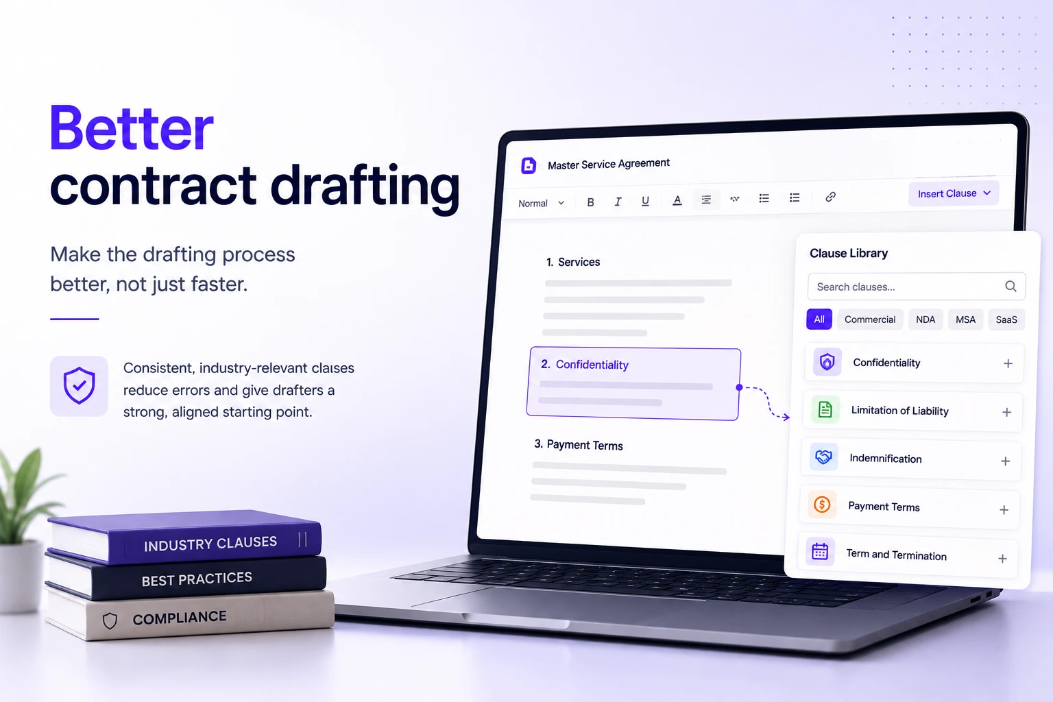 CLMS 360 Contract Drafting View with Clause Suggestions