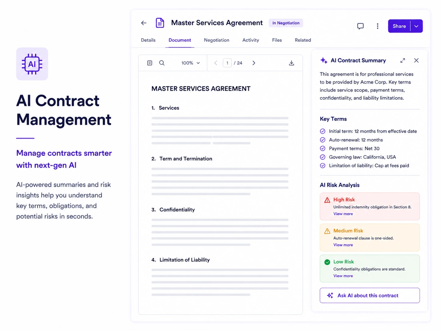 CLMS 360 AI contract review product screenshot